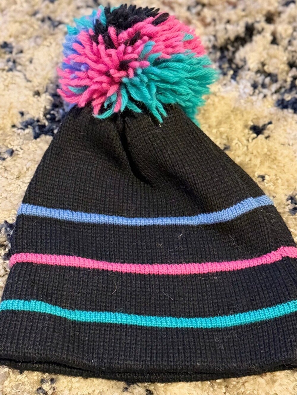 Vintage Smiley Striped Pom Pom Beanie Black Pink Blue Teal